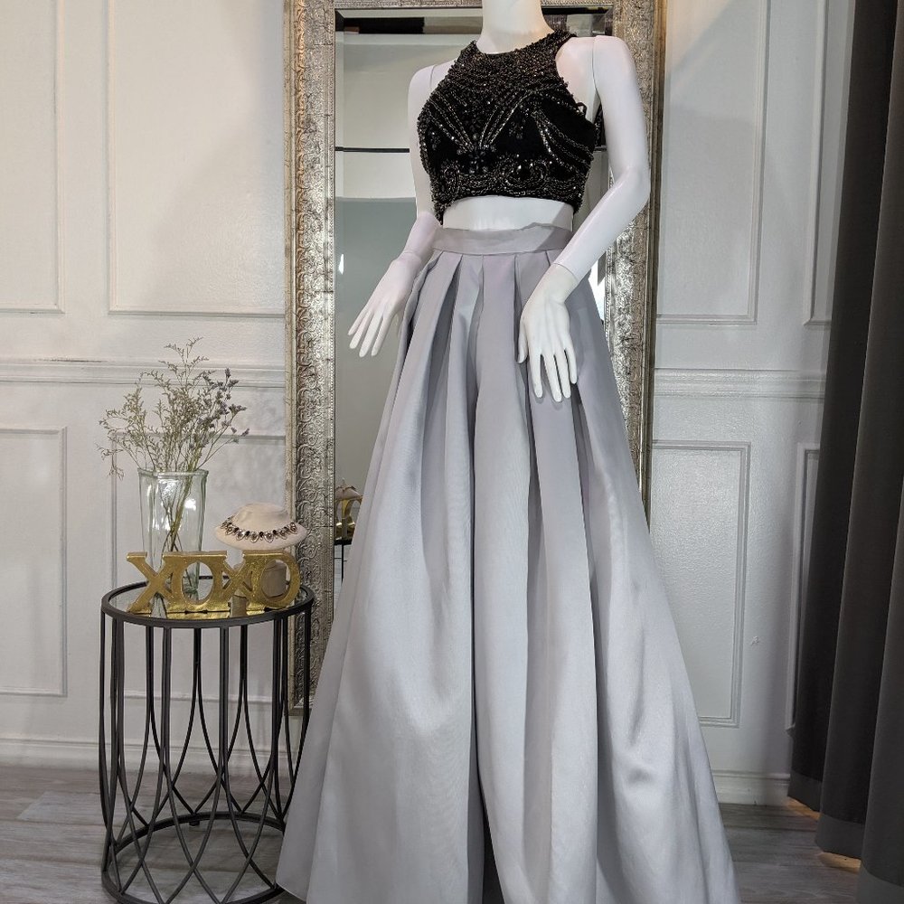 Two Piece Black and Silver Formal Prom Dress